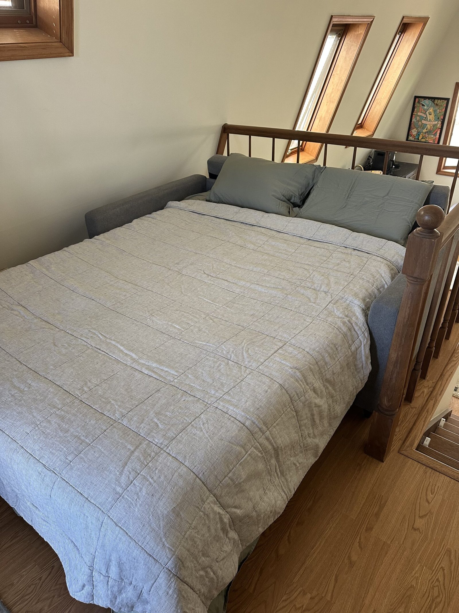 mcm sofa bed pulled out and made